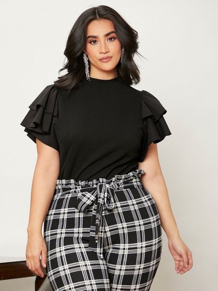 

plus mock neck layered sleeve tee t3jn#, Black