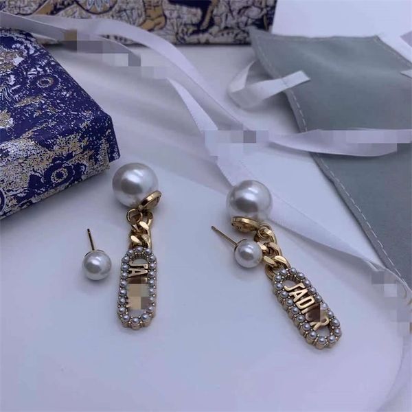 

new earrings trend 925 silver needle brass old pearl letter earrings female, Golden