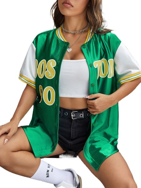 

letter graphic striped trim baseball collar drop shoulder blouse w9nh#, White