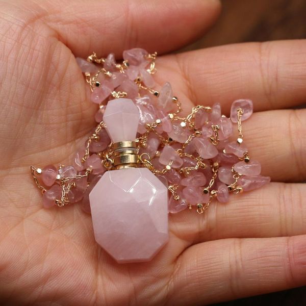 

chains natural stone perfume bottle necklace pink quartz pendant charms for elegant women love romantic gift 60 cm, Silver
