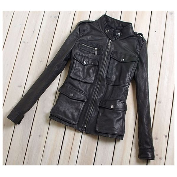 Damenmode M65 Lederjacke mit Taschen schwarz Schaffell Echtledermantel Damen Slim Fit Motorradjacke Dame T200114