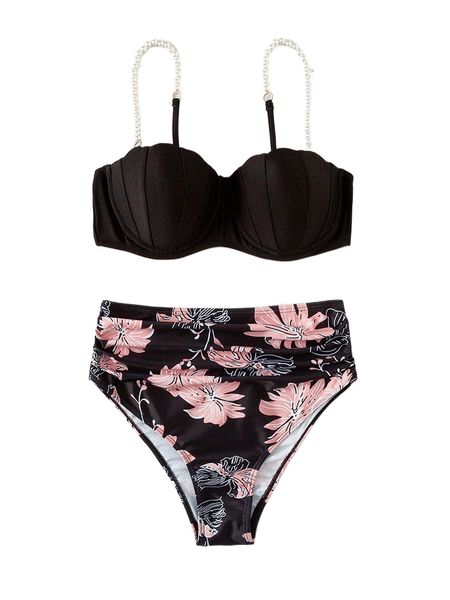 

floral ruched faux pearl decor push up bikini swimsuit q4jh#, White;black