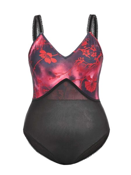 

plus floral print mesh insert frill trim cami bodysuit j3z8#, Black