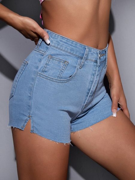 

zipper fly split raw hem denim shorts 80il#, White;black