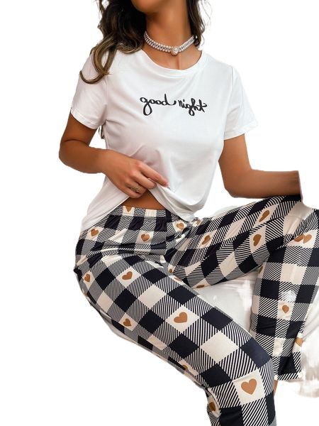 

plaid & slogan graphic pj set w0v5#, Black;red