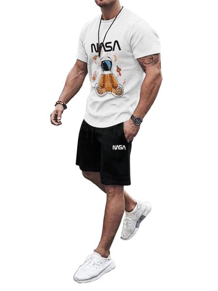 

men letter & bear print tee & drawstring waist shorts k9tr#, Gray