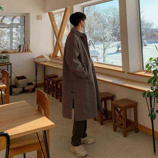 

men's wool & blends coat winter korean fashion couple's retro plaid youth pockets mid length over knee split loose tweed coats9y84, Black