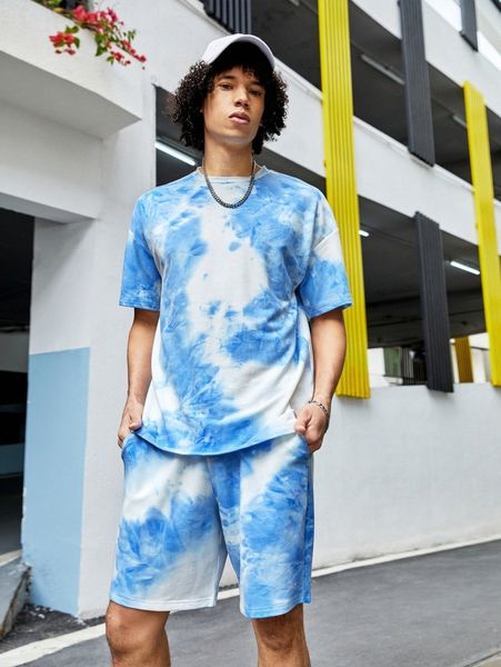 

men tie dye drop shoulder tee and shorts set q0f7#, Gray