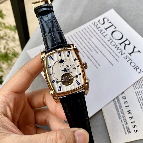 

tourbillon automatic watches classic rectangle case vintage design watches leather strap business casual wrist watch for men, Slivery;brown