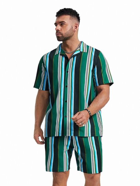 

extended sizes men vertical striped shirt & drawstring waist shorts o7lq#, Gray