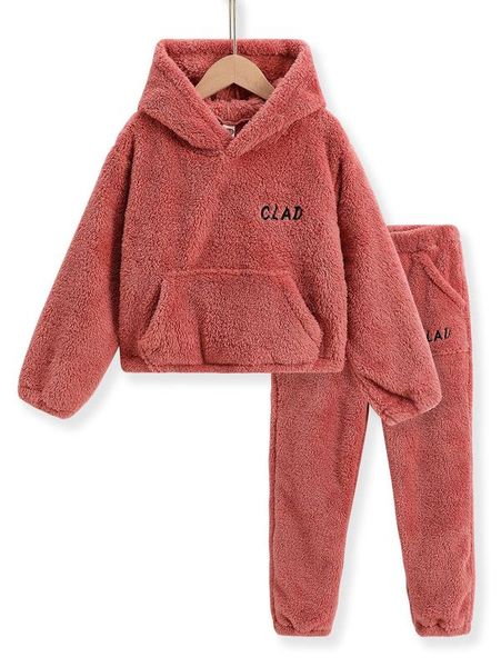 

girls letter embroidery kangaroo pocket teddy hoodie & sweatpants set she, White