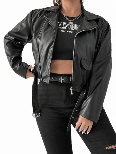 

plus flap pocket buckled pu leather moto jacket i8ia#, Black