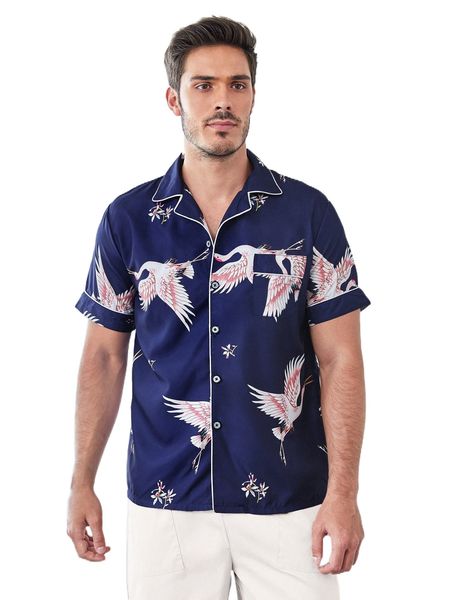 

men crane & floral print piping trim patched pocket sleep shirt k1dy#, Black;brown