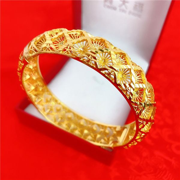 

women bangle hollow bracelet geometric pattern 18k yellow gold filled vintage popular women's wedding jewelry gift dia 63mm, Black
