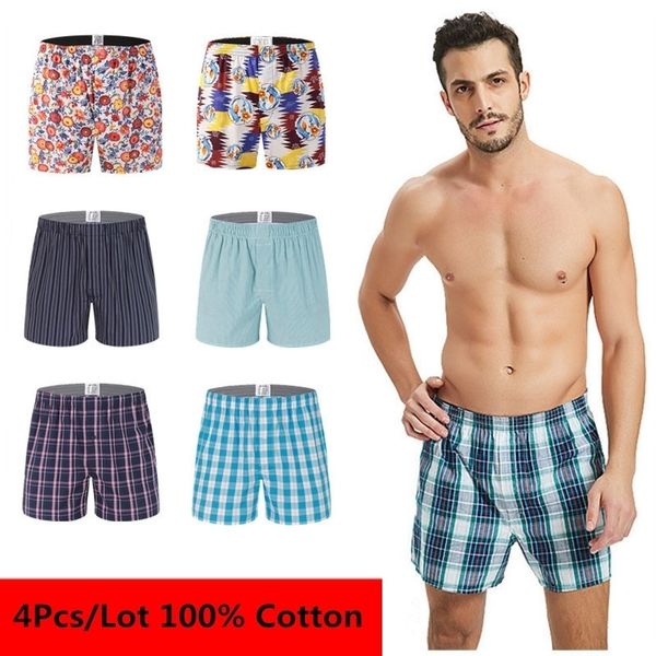 

4pcslot classic plaid striped mens boxers cotton mens underwear trunks woven homme panties boxer plus size 4xl 5xl 6xl y200414, Black;white
