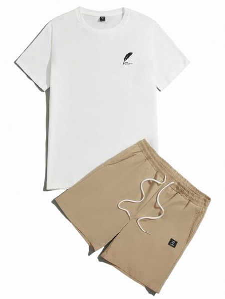 

men graphic print tee & drawstring waist shorts h7wd#, Gray