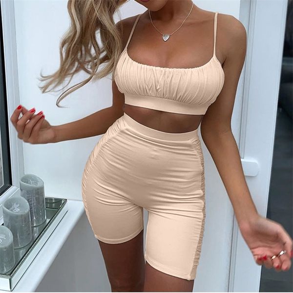 

two piece set womens summer workout suits ruched camis and biker shorts sport sets lady 2020 fashion 2 piece women clothes lj201126, White