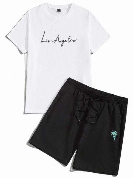 

men letter graphic tee & track shorts set y8iy#, Gray