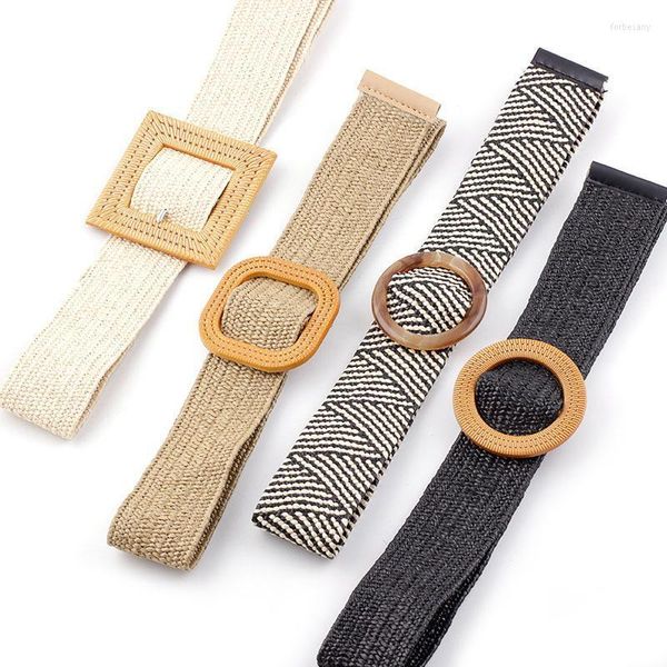 Celra Mulheres Mulheres larga cinturão elástica de vestido para fivela de bambu redonda Ciúda de moda casual Wood jade Fake Straw Shouldbelts Forb22