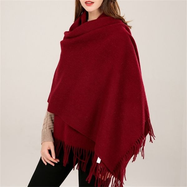 Frauen 100% Echtwolle Schal Roter Schal Winter Echarpe Große Pashmina Wraps Quaste Kaschmir Foulard Feste Reine Wolle Schals Capes 201214