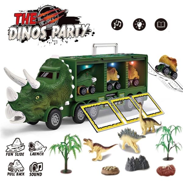 Транспортный грузовик динозавр отсекает дино -автомобильный автомобиль модель контейнера модель освещения музыкальные игрушки для мальчиков дети дети день рождения 220507