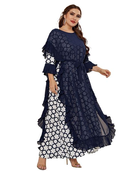 

plus allover geo print ruffle trim belted dress 78fs#, Black