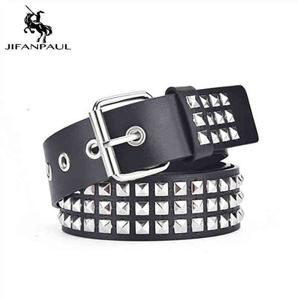 

jifanpaul belts square bead rivet belt metal pyramid men and women punk hardware jeans designer woman s, Black;brown