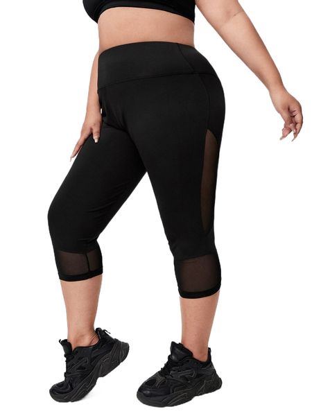 

plus contrast mesh wideband waist sports leggings h6rw#, Black