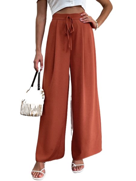 

solid fake drawstring plicated detail wide leg pants n2s9#, Black;white