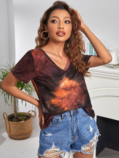 

tie dye v neck t-shirt z41j#, White