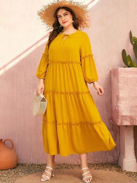 

plus lantern sleeve tie neck ruffle hem smock dress g5qe#, Black