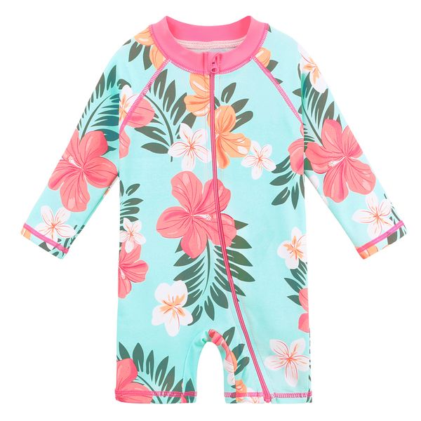 BAOHULU Cyan Flower Baby-Badebekleidung für Mädchen, UPF 50, langärmlig, für Kleinkinder, Strand-Badeanzug, Rash Guards 220530
