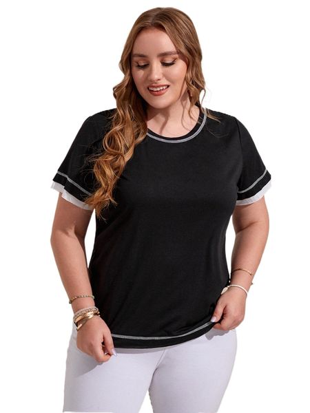 

emery rose plus stitching contrast trim 2 in 1 tee 43o6#, Black