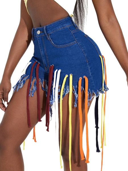 

sxy fringe trim denim shorts s6yd#, White;black