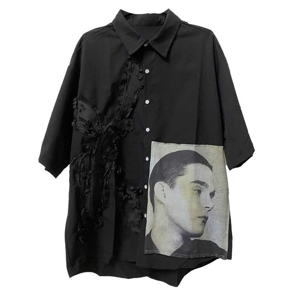 

men's casual shirts [tz killer]1of1remake portrait shirt worn dark yarn mesh patch short sleeve shirt non raf, White;black