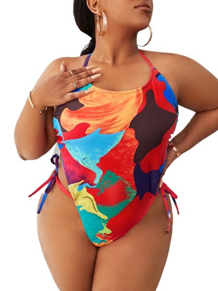 

plus allover print tie backless halter one piece swimsuit q6ck#, White;black