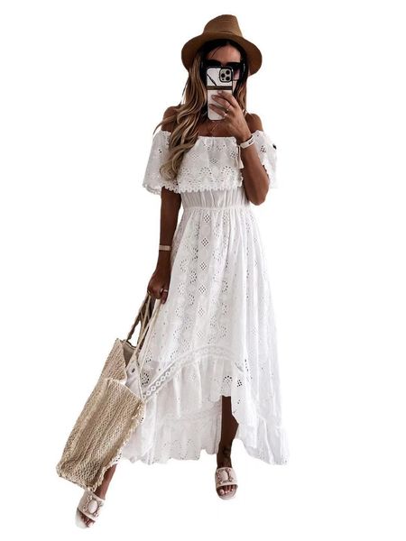 

casual dresses women off shoulder long maxi lace dress summer asymmetrical a line ruffle sundress hollow out lady white party 2022, Black;gray