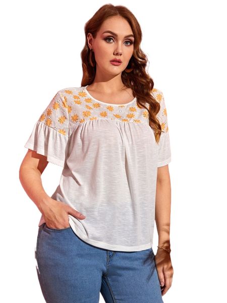 

plus flutter sleeve eyelet embroidery yoke floral 797u#, Black
