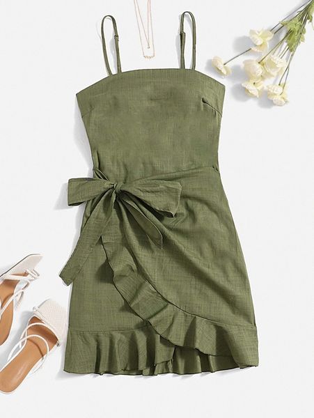 

cut out tie back ruffle trim wrap hem slip dress c6mb#, Black;gray