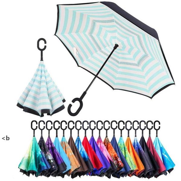 Doppellagiger Regenschirm, umgekehrt, Outdoor-Fabrik, China, 8 Rippen, umgedrehter Stoff, winddicht, C-Griff, umgekehrter Regenschirm mit Tasche, ZZA13470