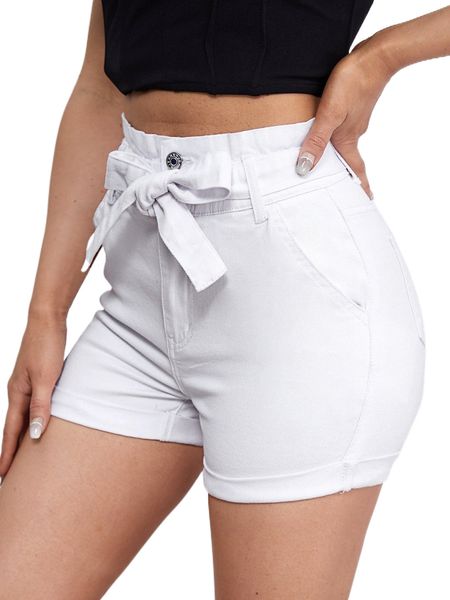 

solid roll up hem belted denim shorts a5vp#, White;black