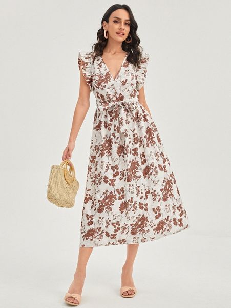 

floral print ruffle trim belted dress f0ek#, Black;gray