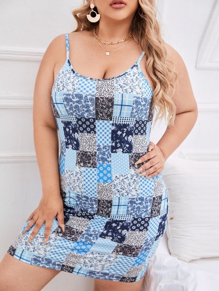 

plus patchwork print cami dress f3fk#, Black