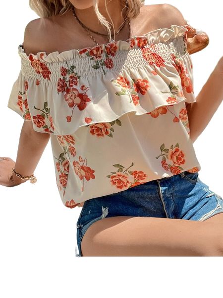 

floral print off shoulder shirred ruffle trim blouse l4p8#, White