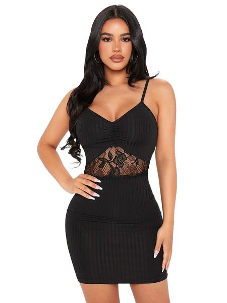 

petite contrast lace ruched cami dress v2ve#, Black;gray