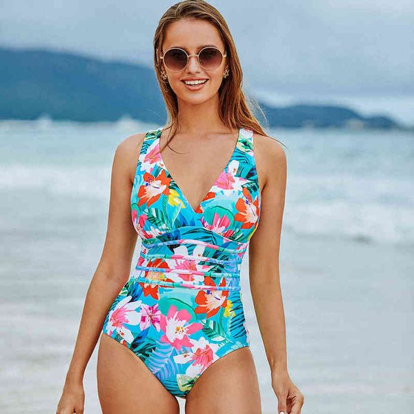 Frauen Gedruckt Ein Stück Bademode Sexy Backless Badeanzug V-ausschnitt Sommer Strand Tragen Abnehmen Badeanzug S ~ XXL Y220423