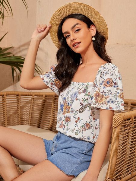 

square neck floral print blouse v1h9#, White