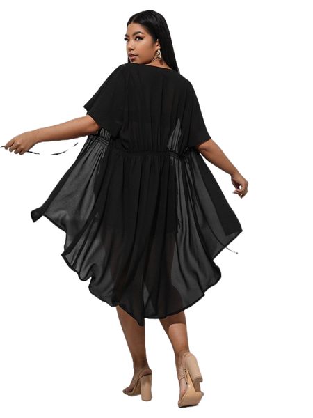 

plus solid sheer chiffon kimono 07wf#, Black;gray