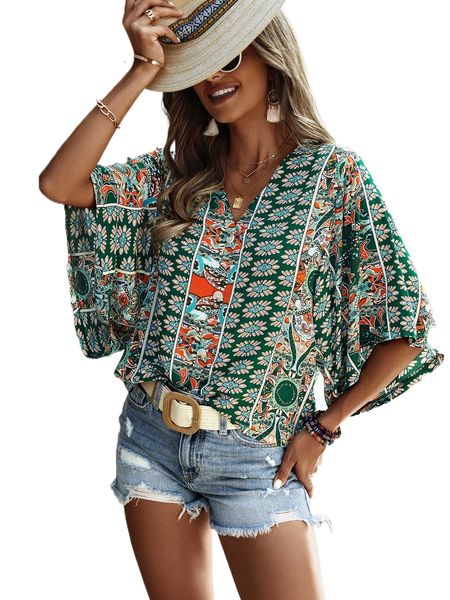 

allover print batwing sleeve blouse b2yn#, White