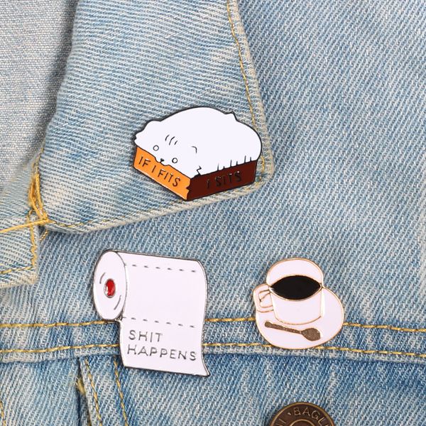 

roll paper shit happens creative brooches funny cat box enamel pins black coffee icon badge backpack clothes lapel jewelry gift, Blue
